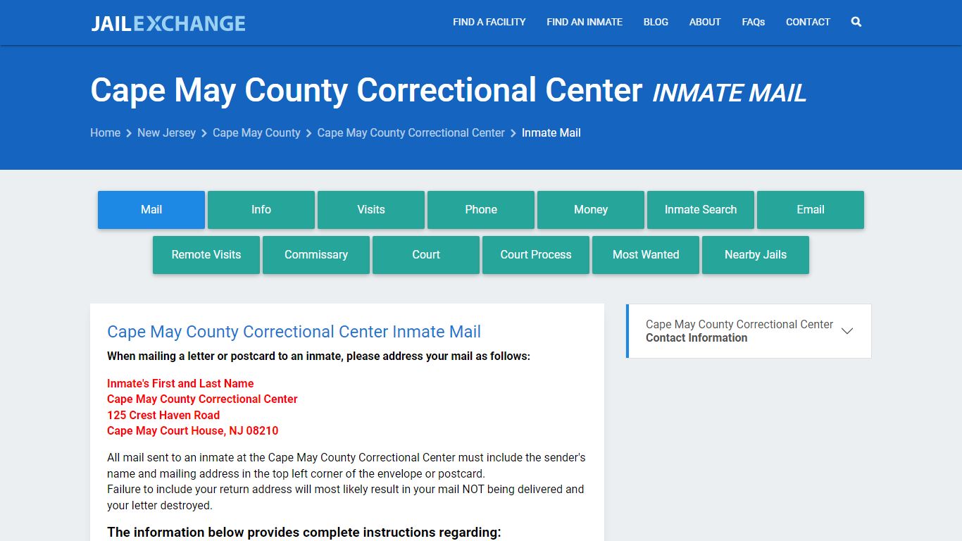 Inmate Mail - Cape May County Correctional Center, NJ - Jail Exchange